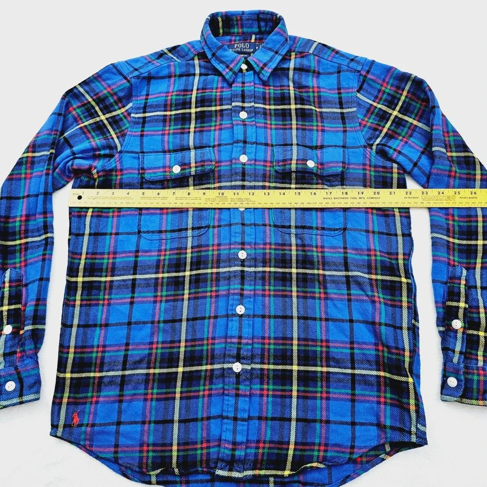 Polo Ralph Lauren Flannel Shirt Mens Medium Blue Plaid Classic Fit Cotton Tartan